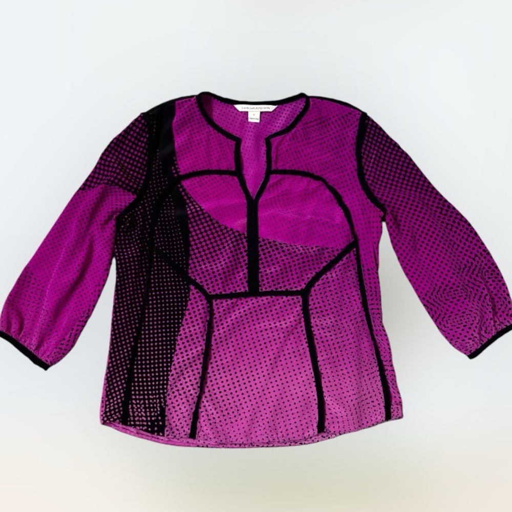 Diane Von Furstenberg Women's Silk Blouse Purple Pink Black V-Neck, polk…